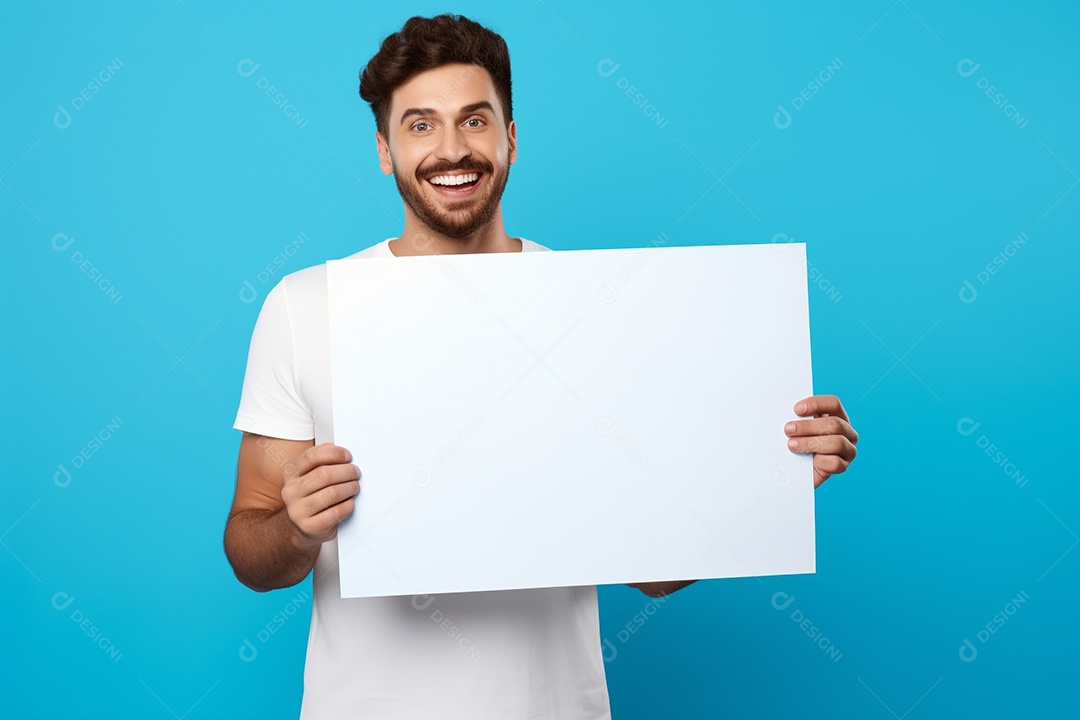 Jovem falando no ouvido enquanto segura um quadro branco em branco, sobre fundo amarelo feliz