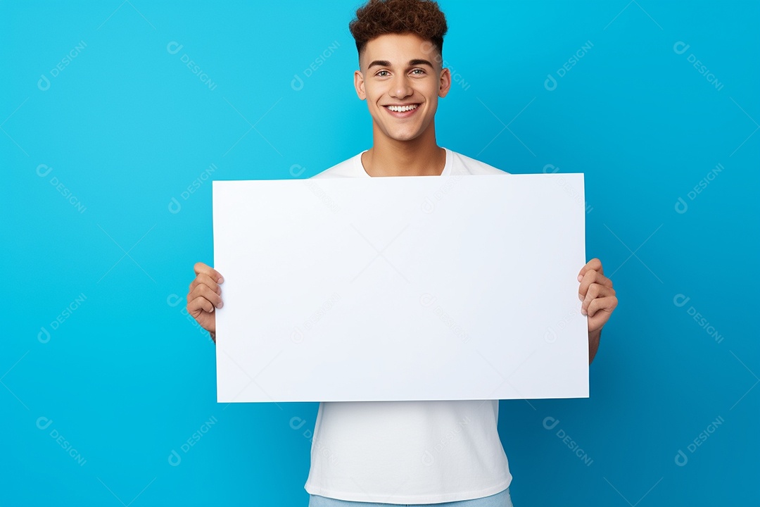 Jovem falando no ouvido enquanto segura um quadro branco em branco, sobre fundo amarelo feliz