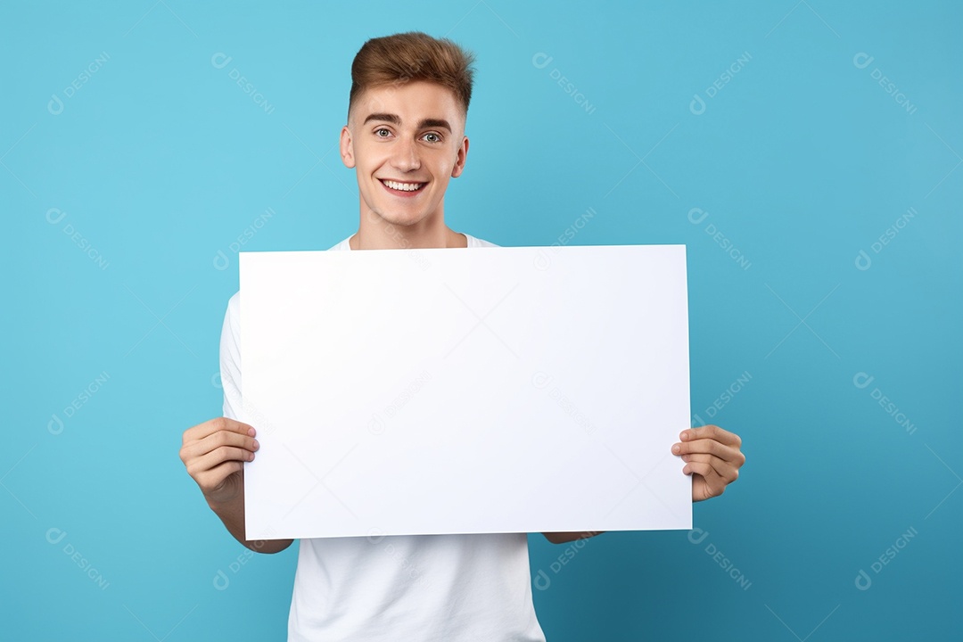 Jovem falando no ouvido enquanto segura um quadro branco em branco, sobre fundo amarelo feliz