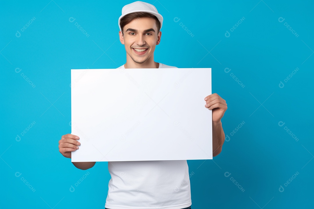 Jovem falando no ouvido enquanto segura um quadro branco em branco, sobre fundo amarelo feliz