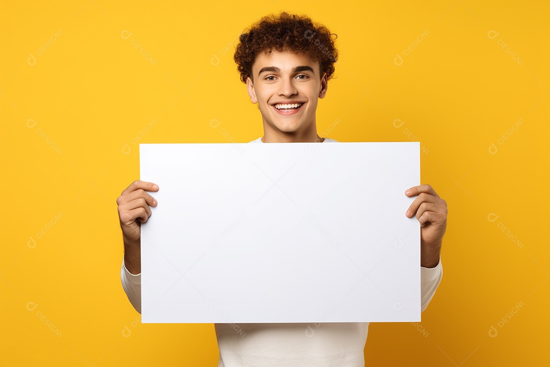 Jovem falando no ouvido enquanto segura um quadro branco em branco, sobre fundo amarelo feliz