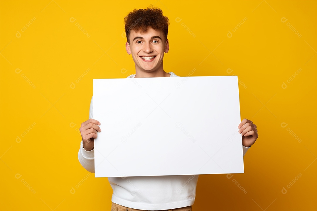 Jovem falando no ouvido enquanto segura um quadro branco em branco, sobre fundo amarelo feliz