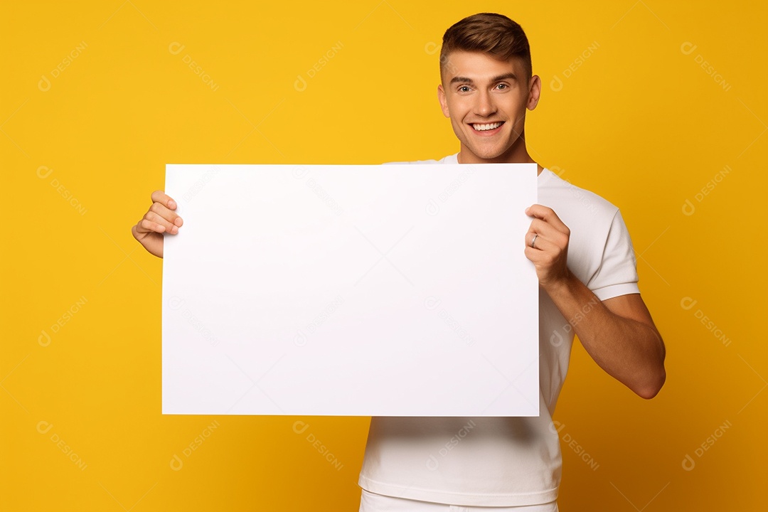 Jovem falando no ouvido enquanto segura um quadro branco em branco, sobre fundo amarelo feliz