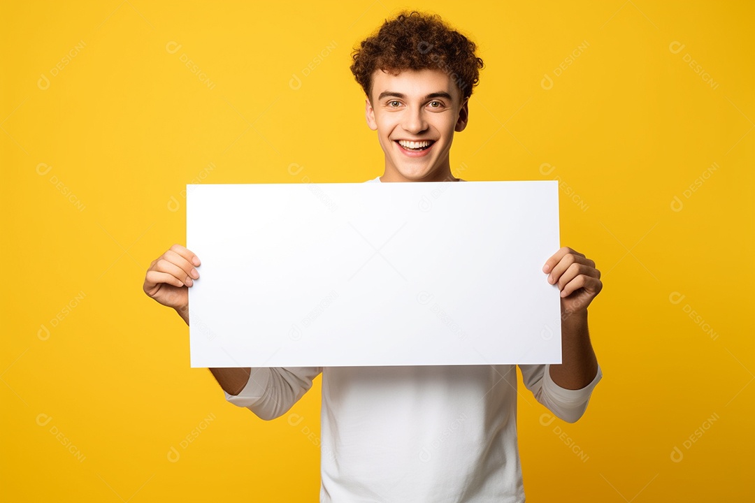 Jovem falando no ouvido enquanto segura um quadro branco em branco, sobre fundo amarelo feliz