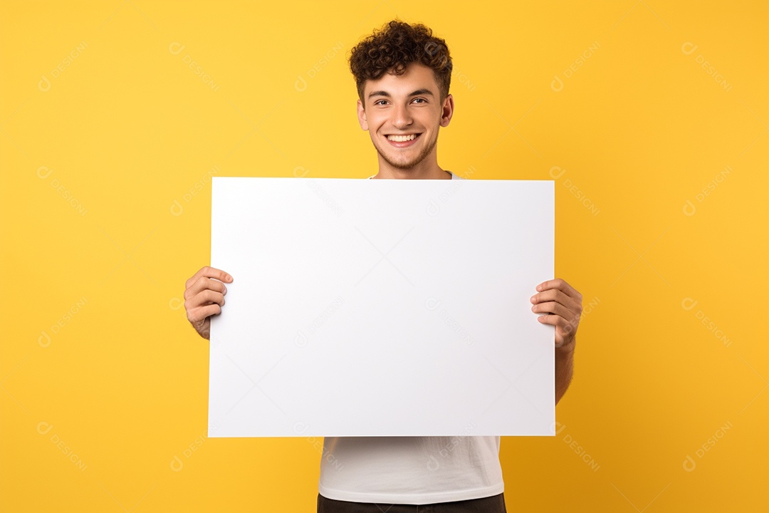 Jovem falando no ouvido enquanto segura um quadro branco em branco, sobre fundo amarelo feliz