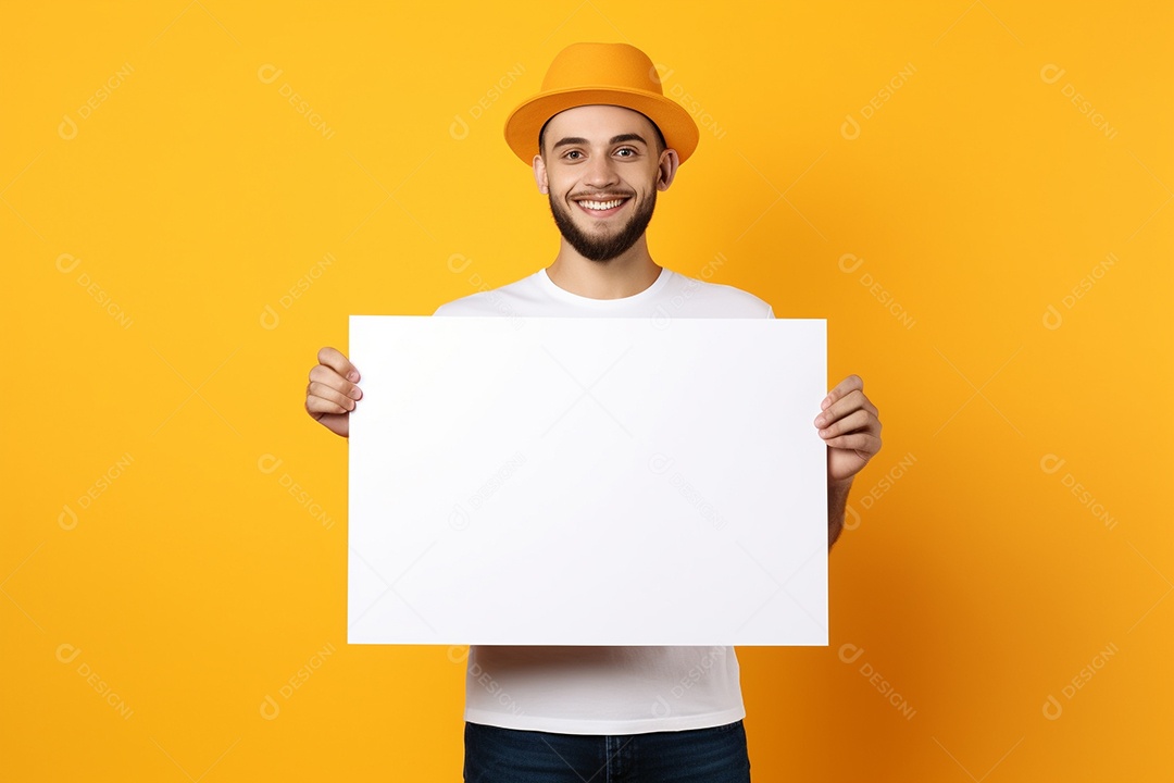 Jovem falando no ouvido enquanto segura um quadro branco em branco, sobre fundo amarelo feliz