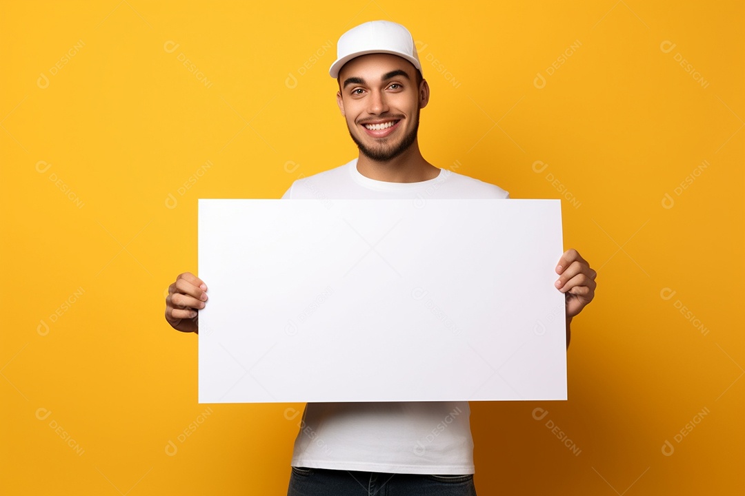 Jovem falando no ouvido enquanto segura um quadro branco em branco, sobre fundo amarelo feliz