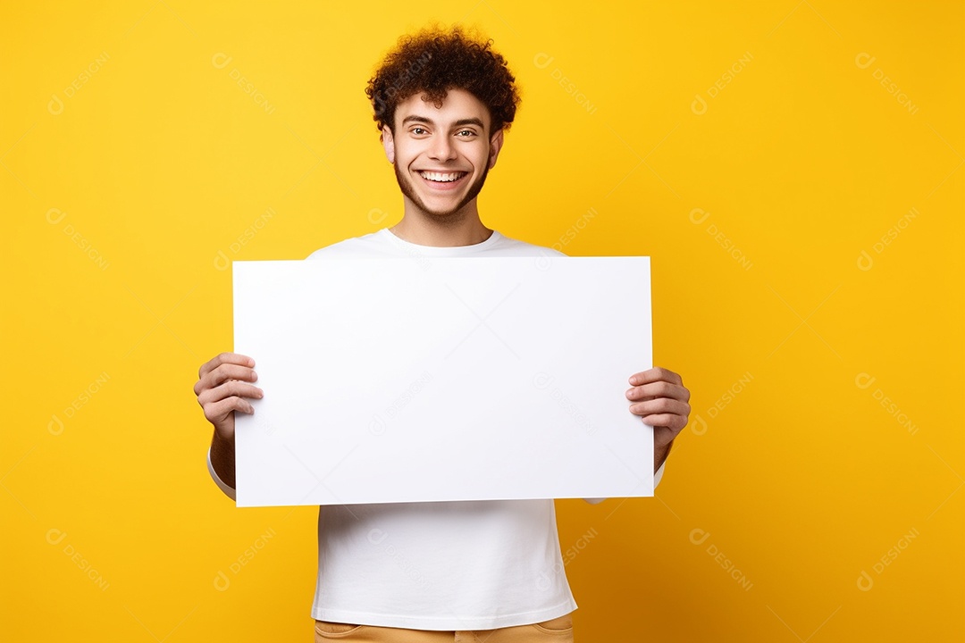 Jovem falando no ouvido enquanto segura um quadro branco em branco, sobre fundo amarelo feliz