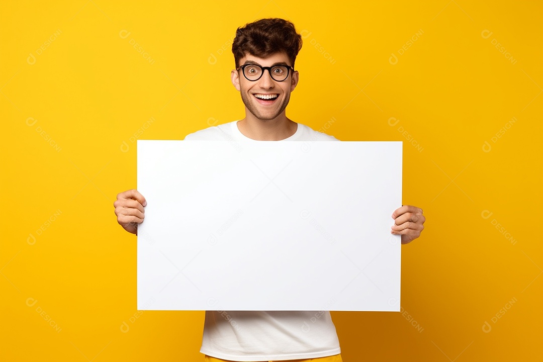 Jovem falando no ouvido enquanto segura um quadro branco em branco, sobre fundo amarelo feliz