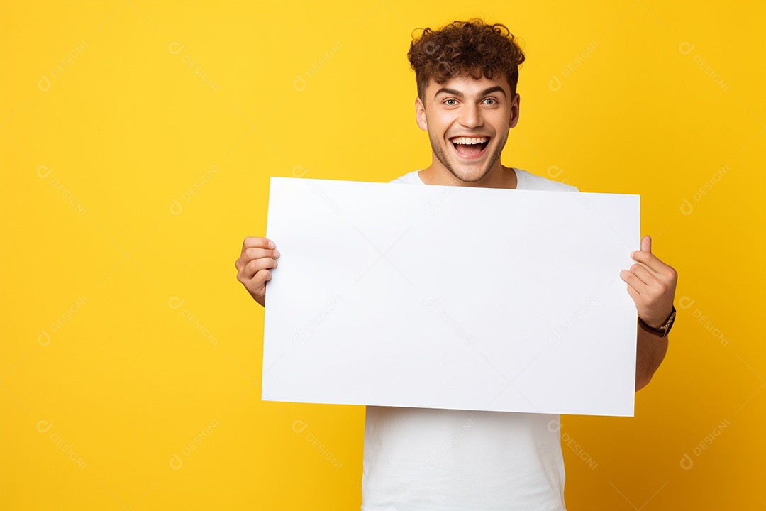 Jovem falando no ouvido enquanto segura um quadro branco em branco, sobre fundo amarelo feliz