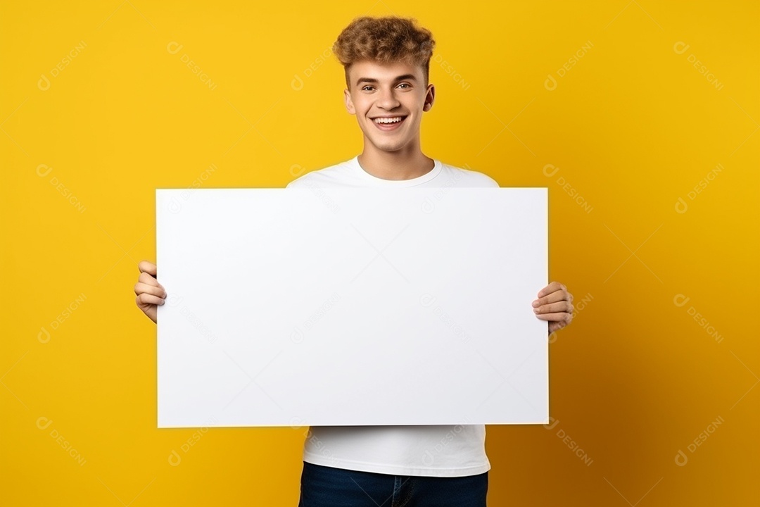 Jovem falando no ouvido enquanto segura um quadro branco em branco, sobre fundo amarelo feliz