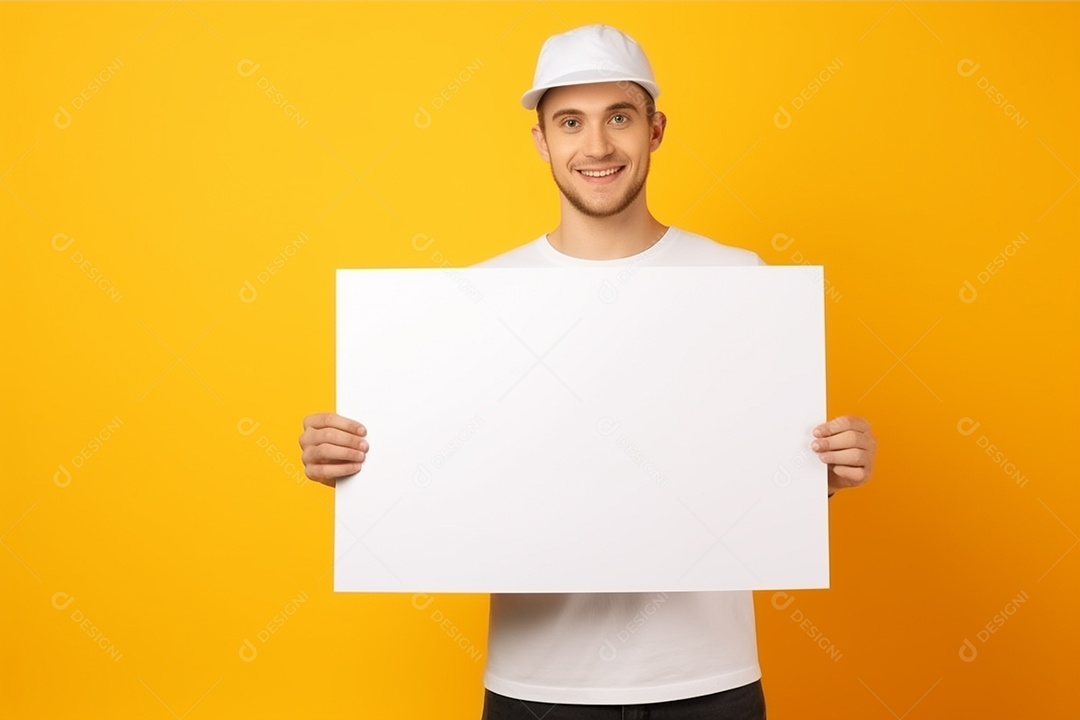 Jovem falando no ouvido enquanto segura um quadro branco em branco, sobre fundo amarelo feliz