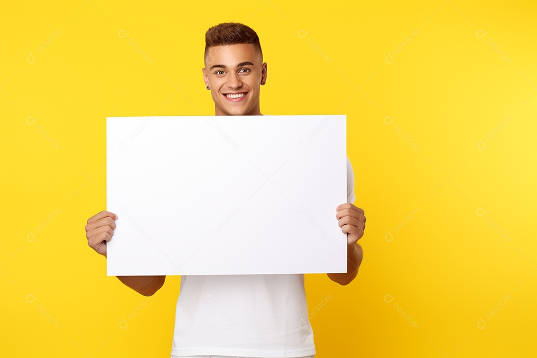 Jovem falando no ouvido enquanto segura um quadro branco em branco, sobre fundo amarelo feliz