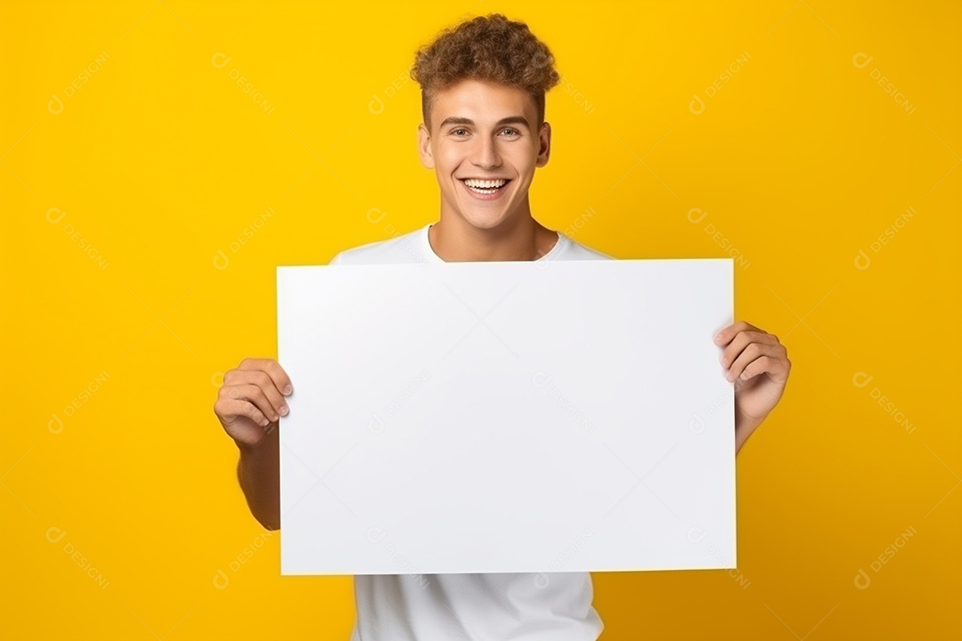 Jovem falando no ouvido enquanto segura um quadro branco em branco, sobre fundo amarelo feliz