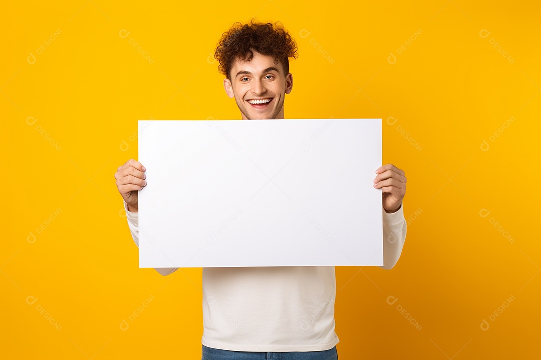 Jovem falando no ouvido enquanto segura um quadro branco em branco, sobre fundo amarelo feliz