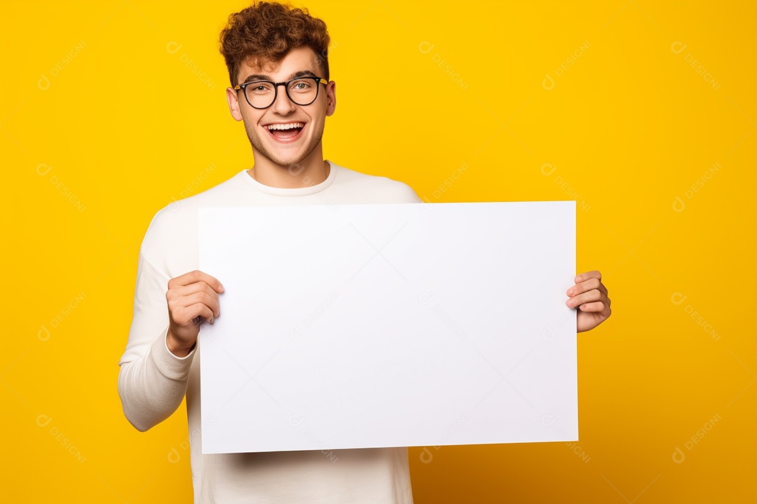 Jovem falando no ouvido enquanto segura um quadro branco em branco, sobre fundo amarelo feliz