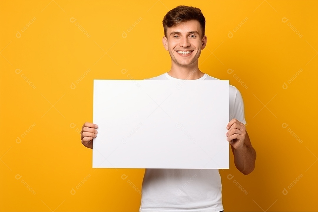 Jovem falando no ouvido enquanto segura um quadro branco em branco, sobre fundo amarelo feliz