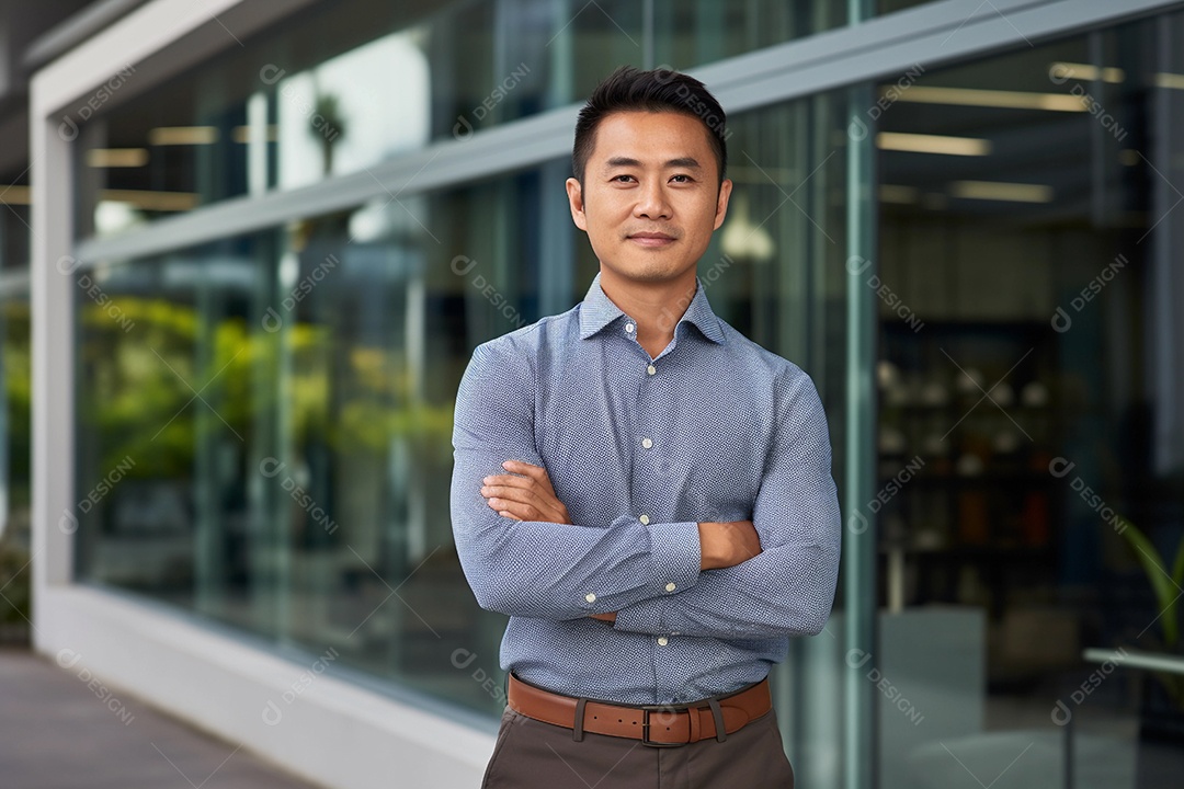 Gerente asiático confiante em pé em frente ao escritório moderno