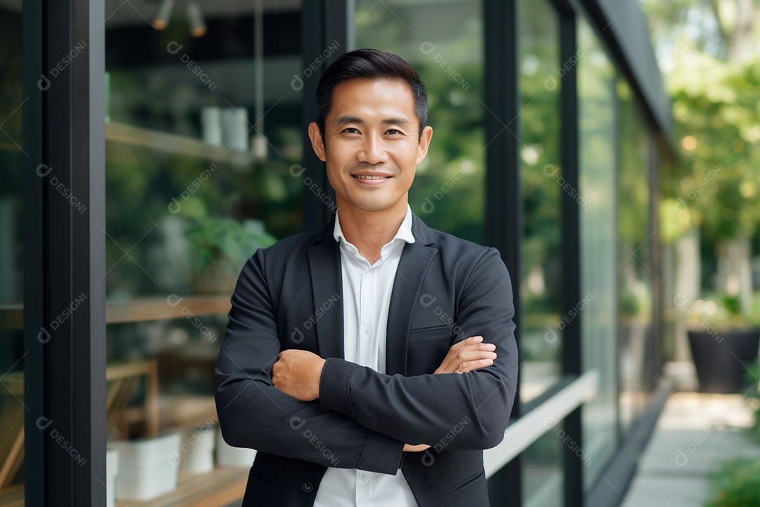 Gerente asiático confiante em pé em frente ao escritório moderno