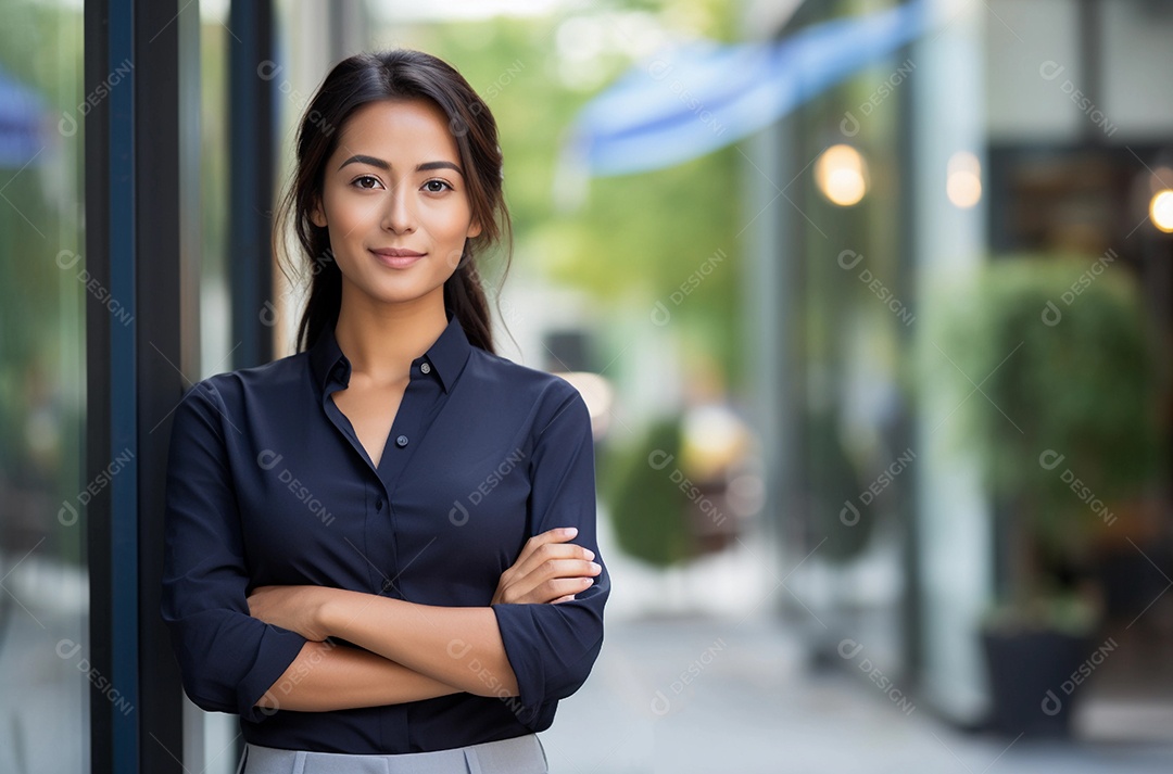 Gerente asiática confiante em pé em frente ao escritório moderno