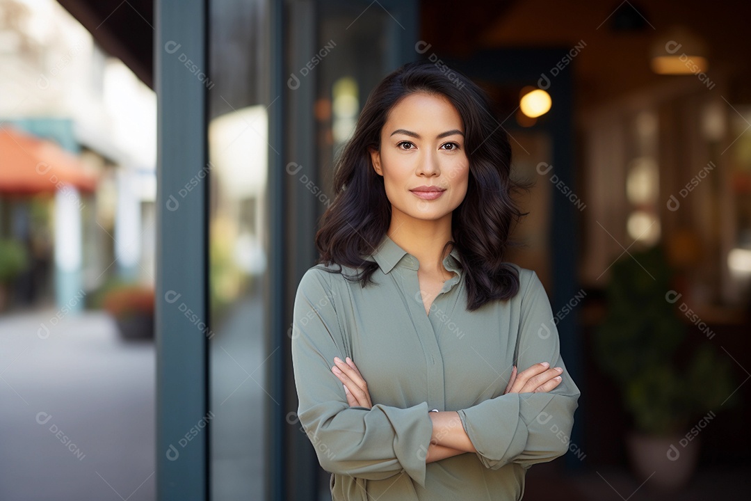 Gerente asiática confiante em pé em frente ao escritório moderno