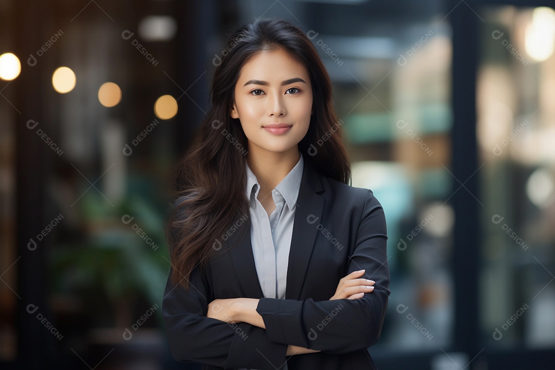 Gerente asiática confiante em pé em frente ao escritório moderno