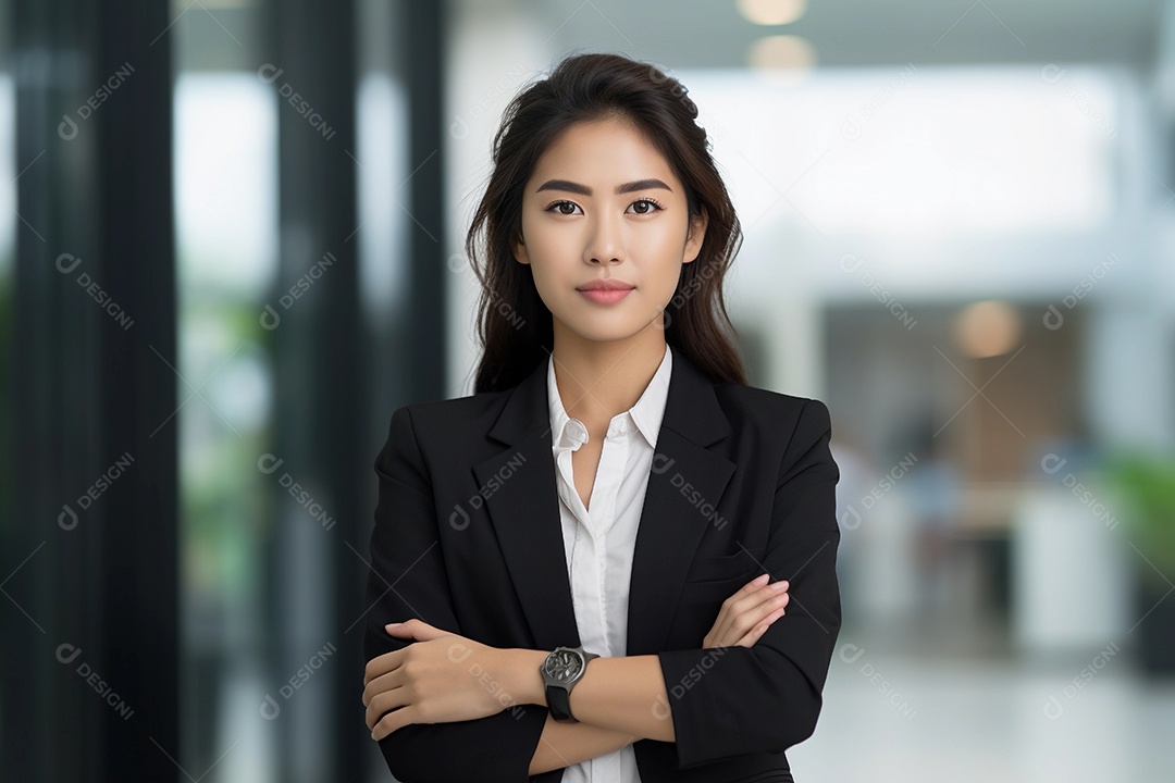 Gerente asiática confiante em pé em frente ao escritório moderno