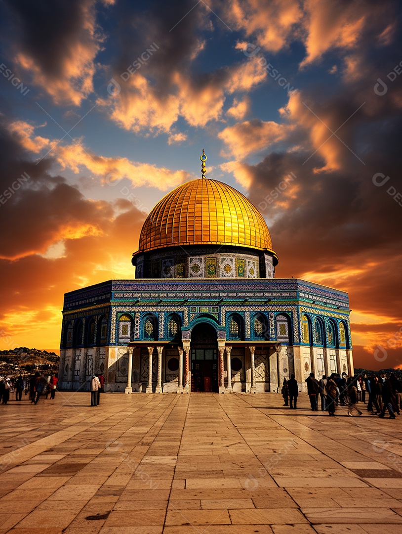 Luxuosa mesquita islâmica com cúpula dourada.