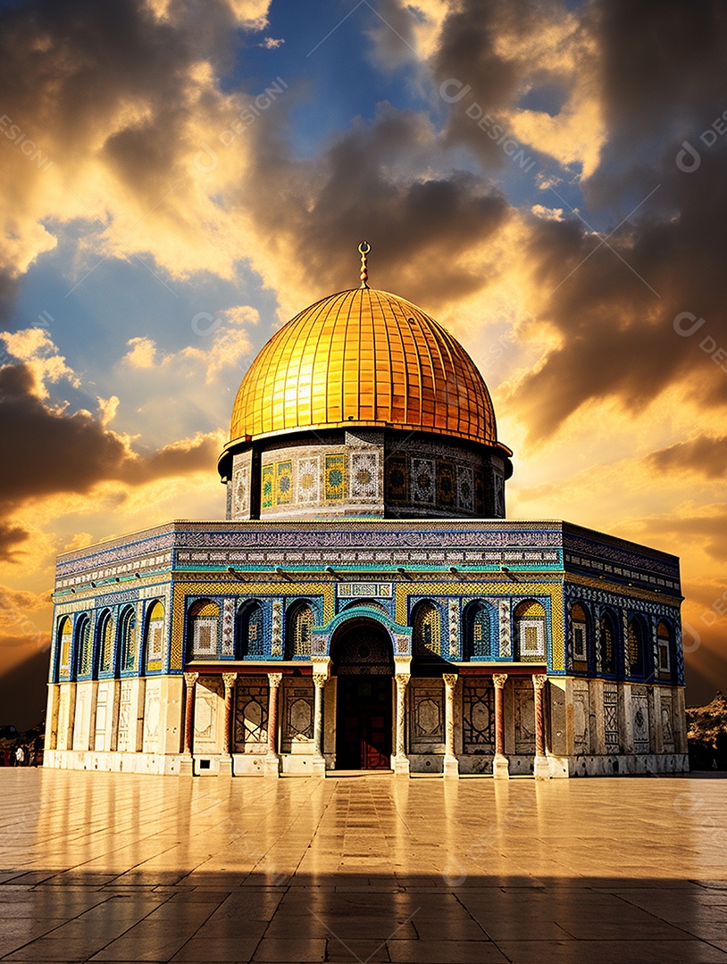 Luxuosa mesquita islâmica com cúpula dourada.