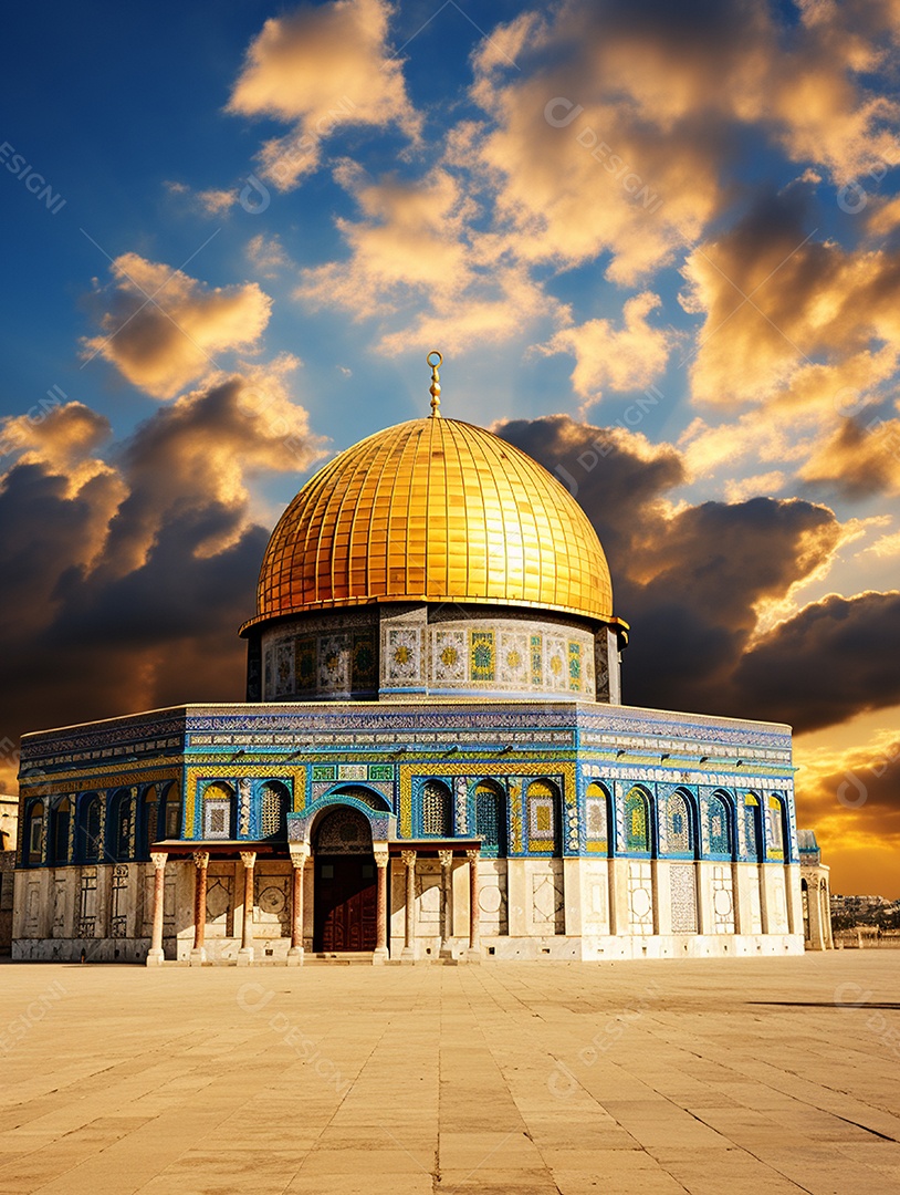 Luxuosa mesquita islâmica com cúpula dourada.