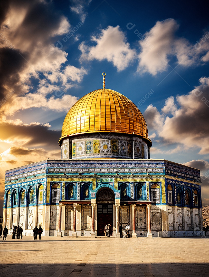 Luxuosa mesquita islâmica com cúpula dourada.