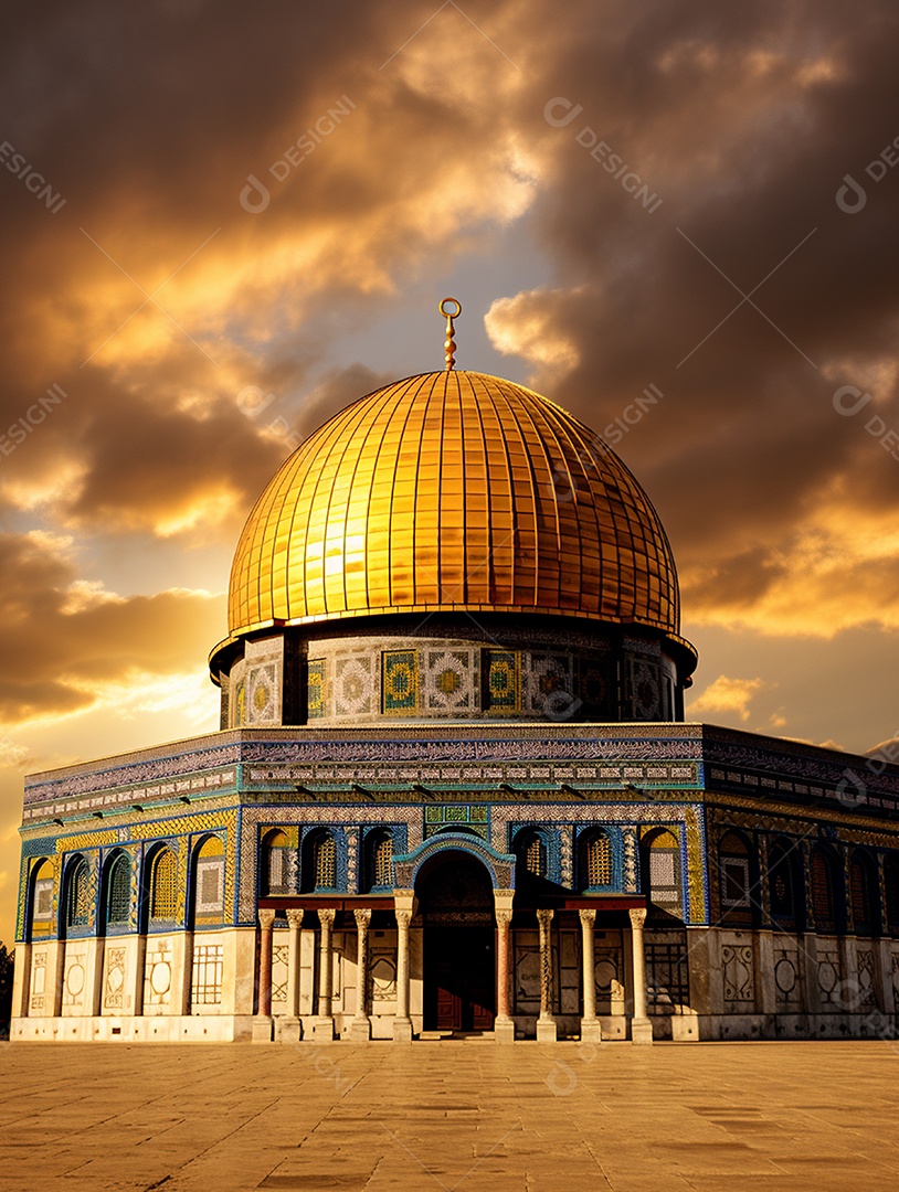 Luxuosa mesquita islâmica com cúpula dourada.