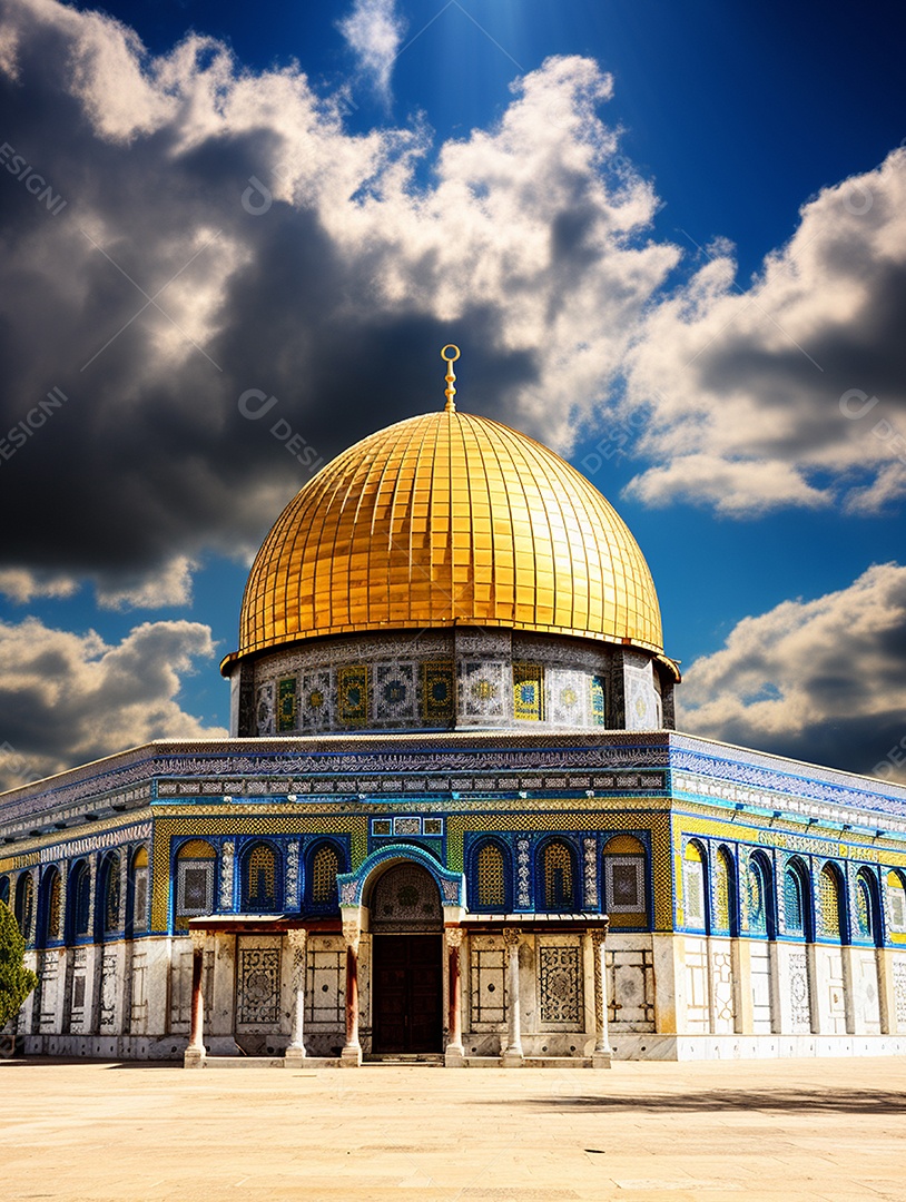 Luxuosa mesquita islâmica com cúpula dourada.