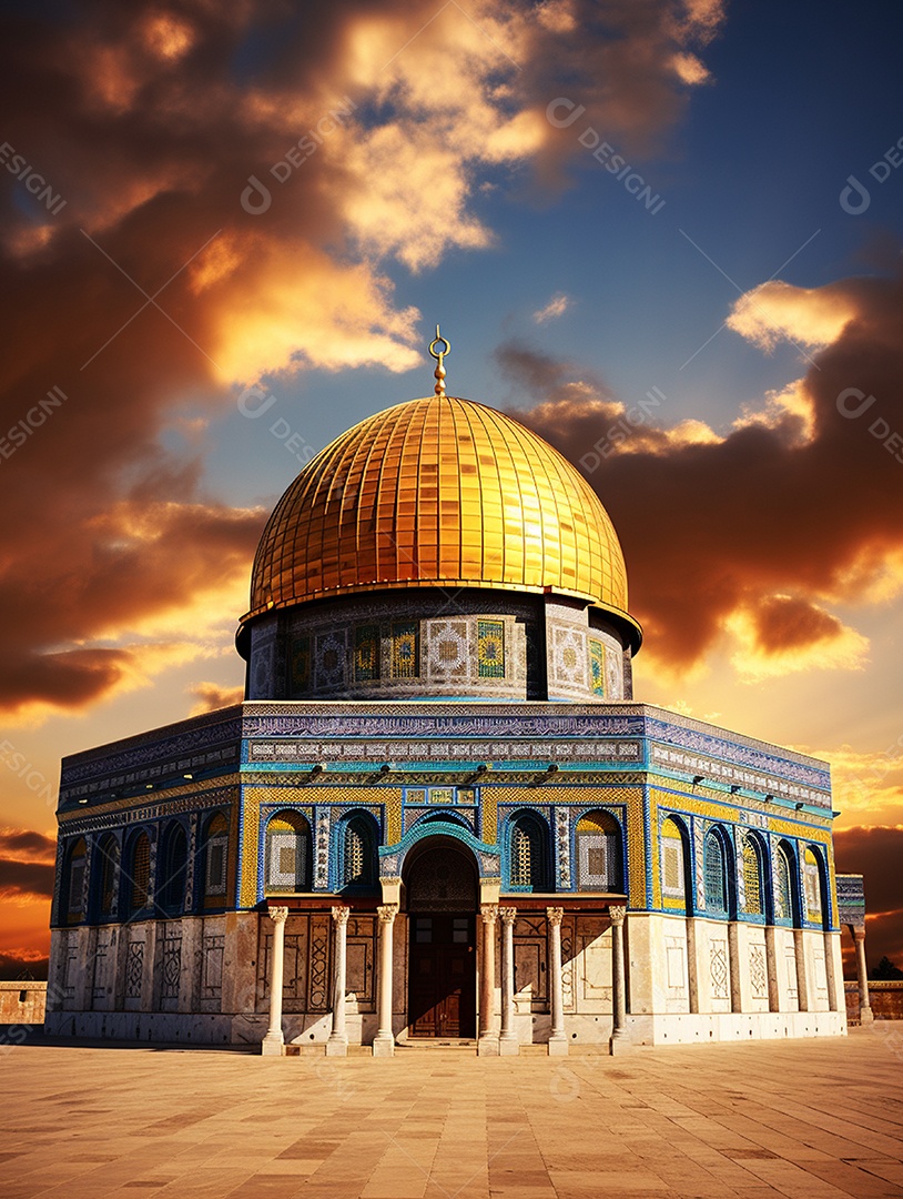 Luxuosa mesquita islâmica com cúpula dourada.