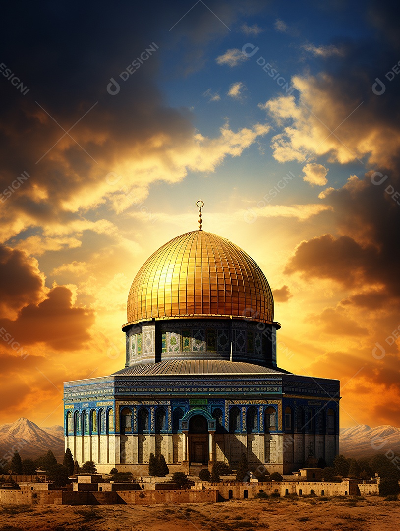 Luxuosa mesquita islâmica com cúpula dourada.