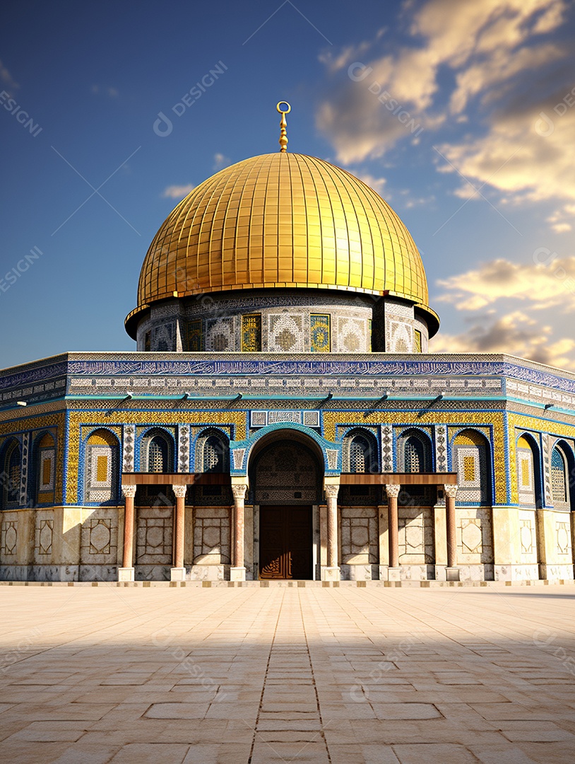 Luxuosa mesquita islâmica com cúpula dourada.