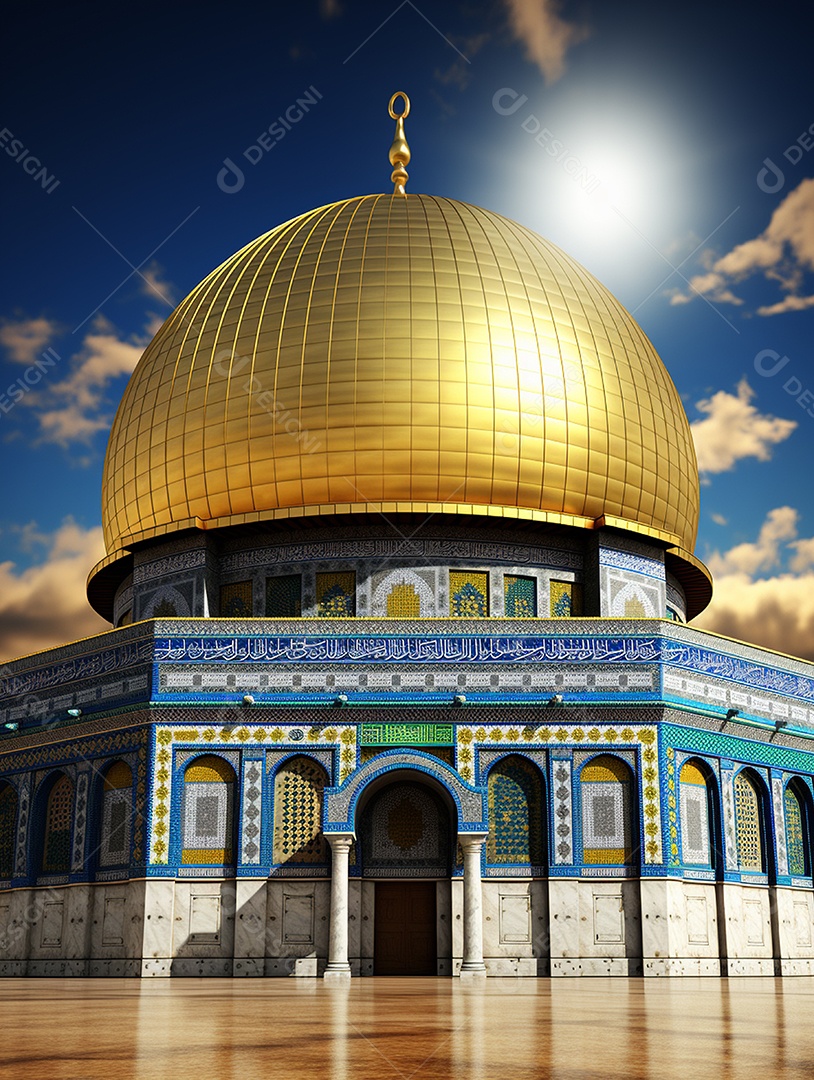 Luxuosa mesquita islâmica com cúpula dourada.