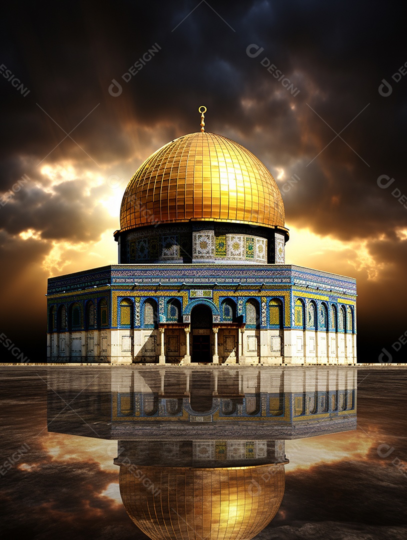 Luxuosa mesquita islâmica com cúpula dourada.