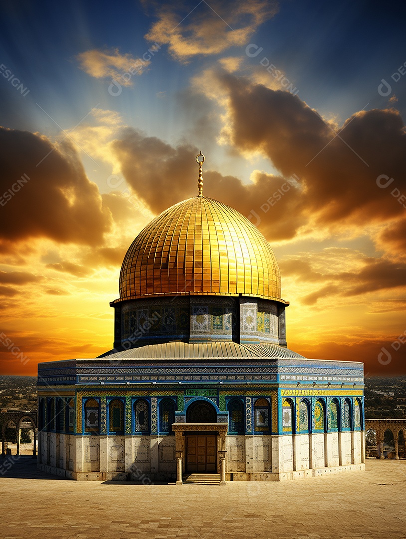 Luxuosa mesquita islâmica com cúpula dourada.