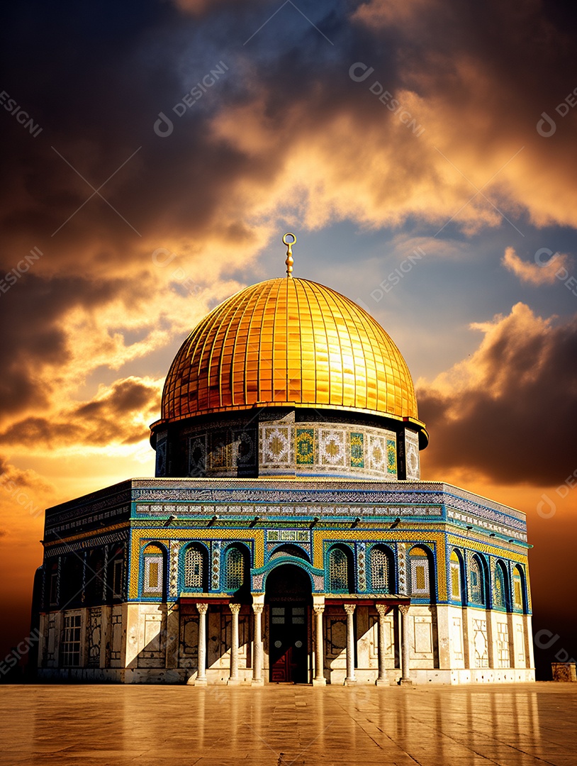 Luxuosa mesquita islâmica com cúpula dourada.