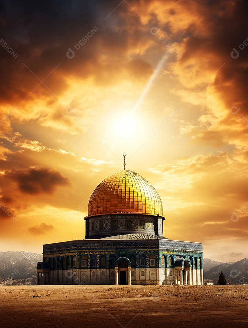 Luxuosa mesquita islâmica com cúpula dourada.