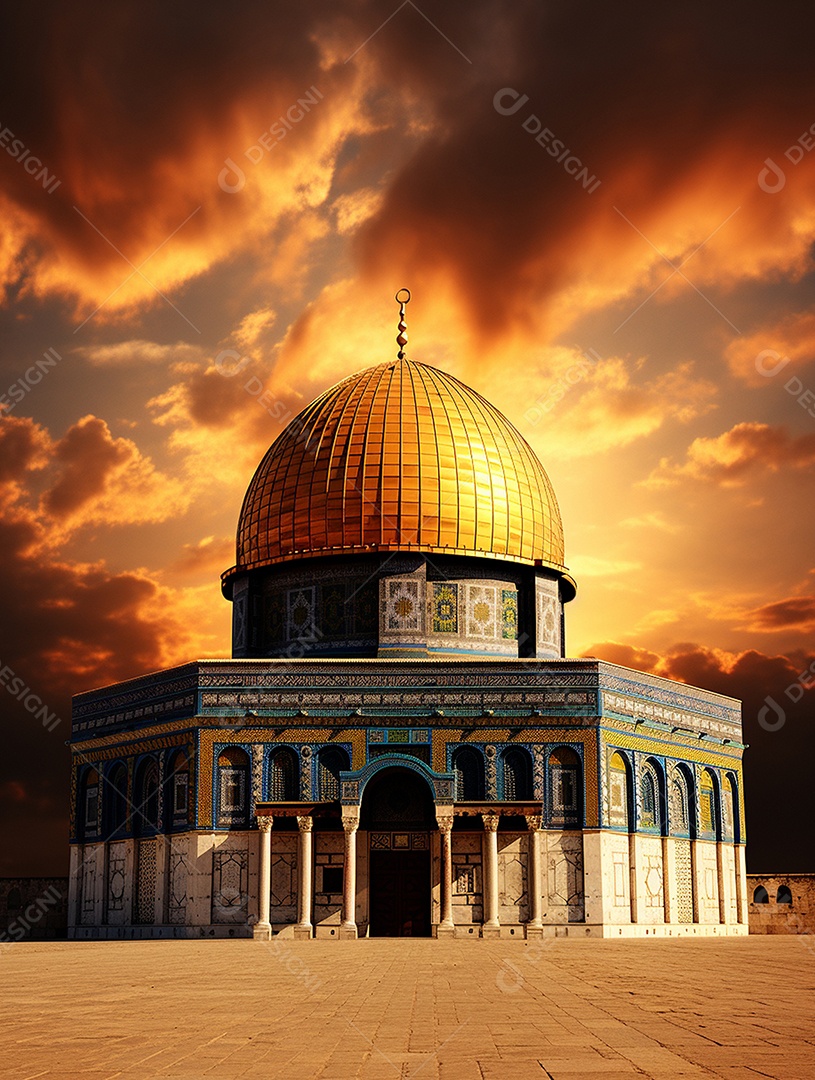 Luxuosa mesquita islâmica com cúpula dourada.