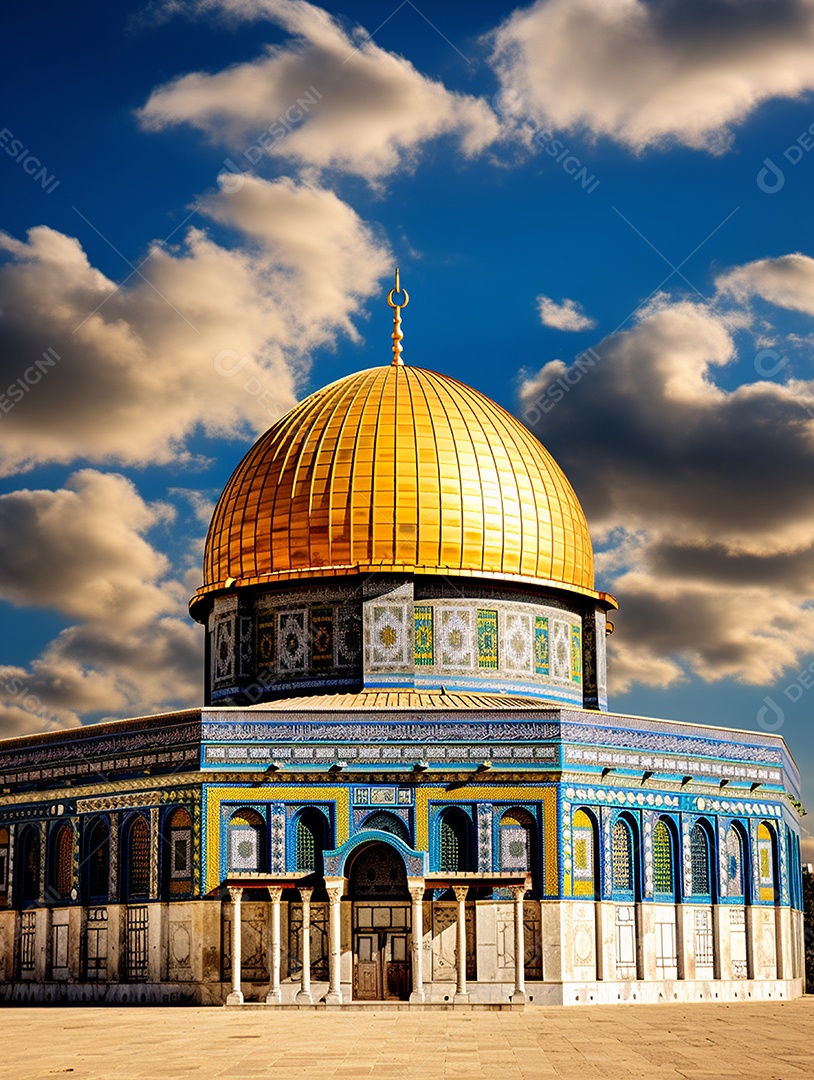 Luxuosa mesquita islâmica com cúpula dourada.