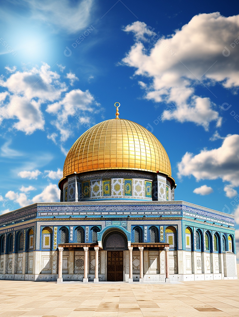 Luxuosa mesquita islâmica com cúpula dourada.