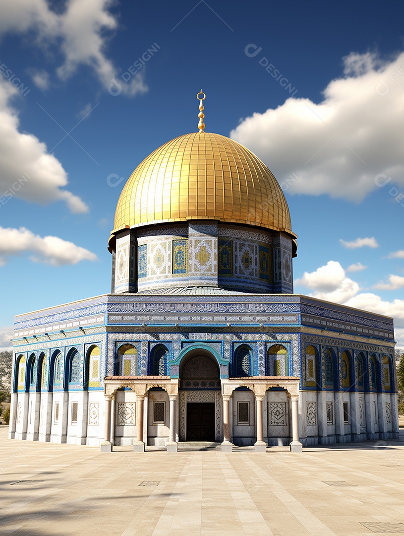 Luxuosa mesquita islâmica com cúpula dourada.