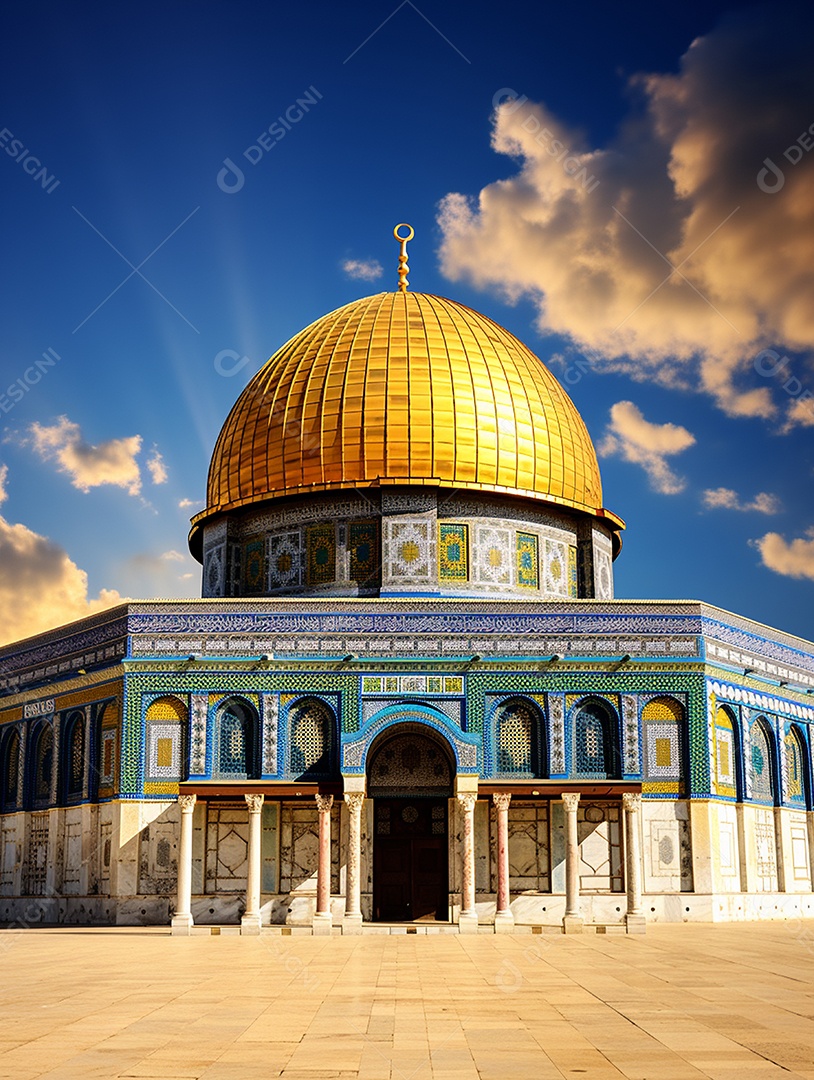 Luxuosa mesquita islâmica com cúpula dourada.