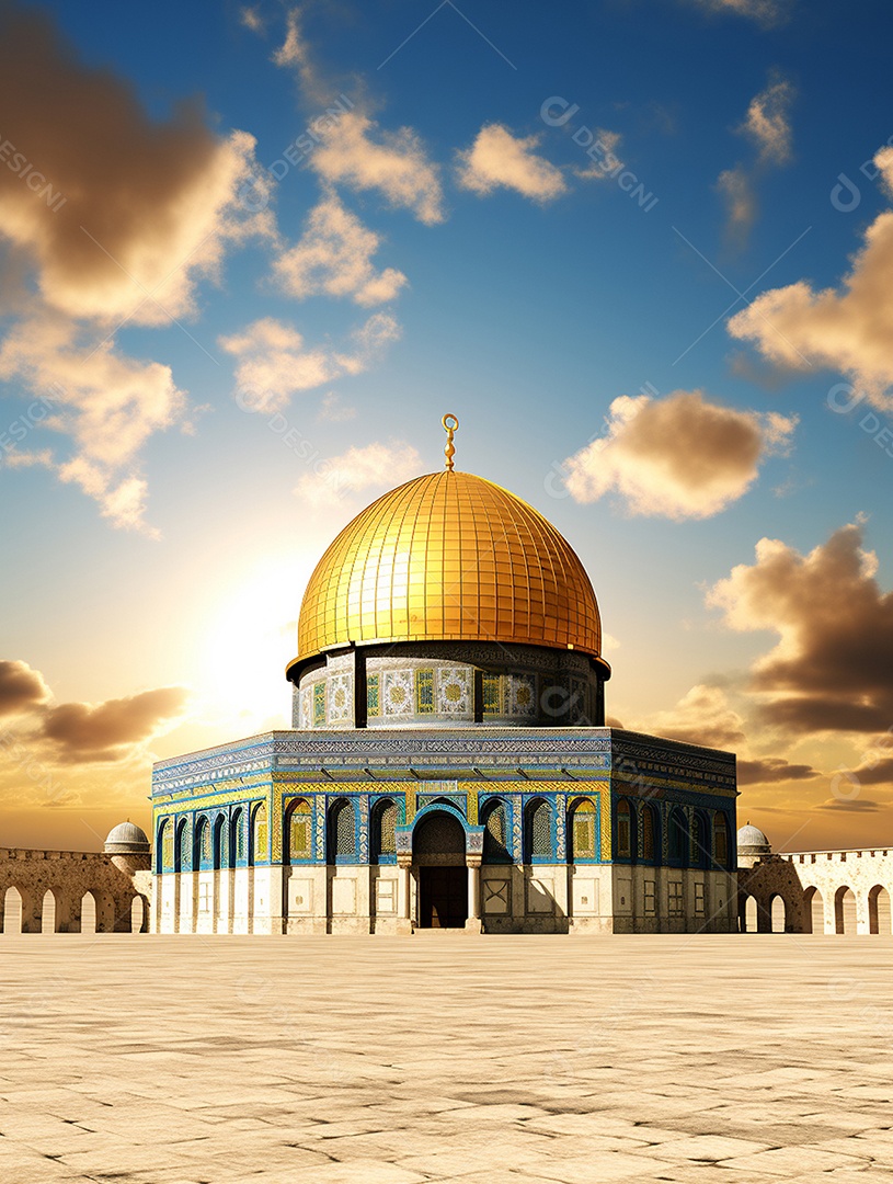 Luxuosa mesquita islâmica com cúpula dourada.