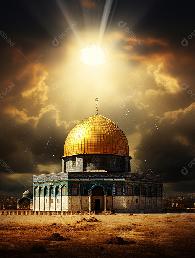 Luxuosa mesquita islâmica com cúpula dourada.