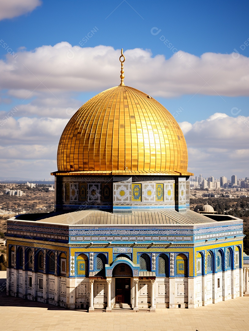 Luxuosa mesquita islâmica com cúpula dourada.