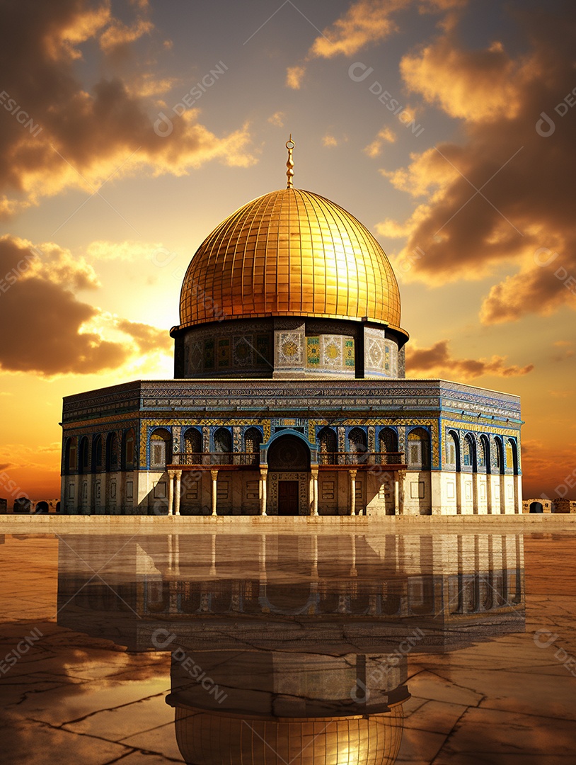 Luxuosa mesquita islâmica com cúpula dourada.